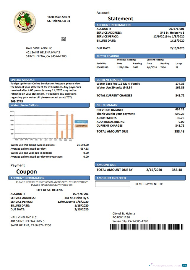 download USA California City of St Helena utility bill template in Word and PDF format PDF template